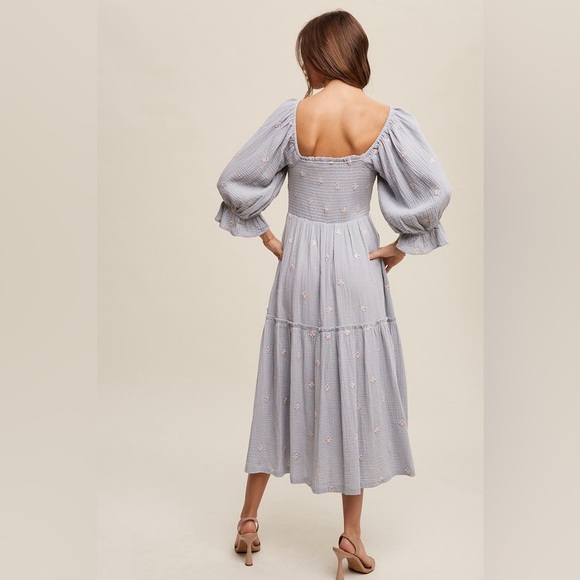 457. AT COST! 🛑LAST 1Grey blue Embroidered Cotton Maxi Dress Floral Puff Pockets - Picture 5 of 7